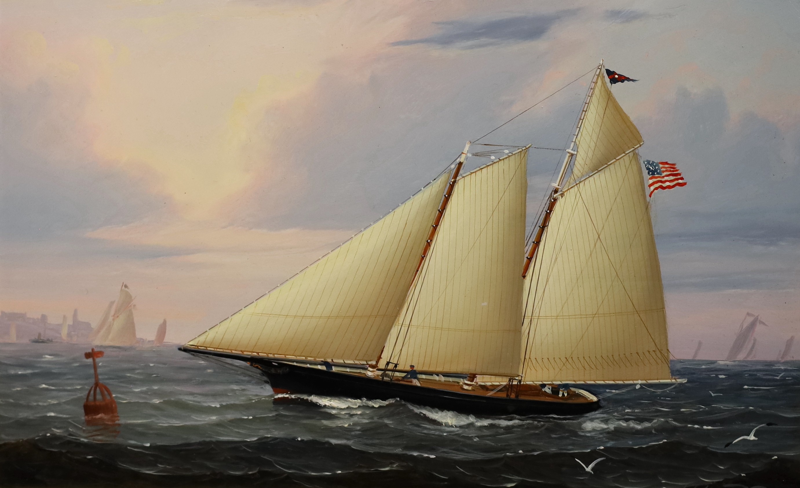 William Robert Davis (American, b.1952), 'Yacht America', oil on panel, 19 x 29.5cm